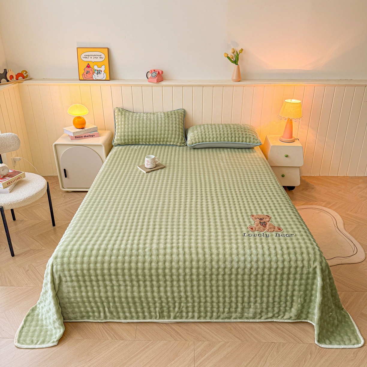 91家纺网 家纺一手货源 找家纺 爱思凯家纺 2025新款加厚泡泡绒纯色单品床单单件床单 松饼熊床单-绿