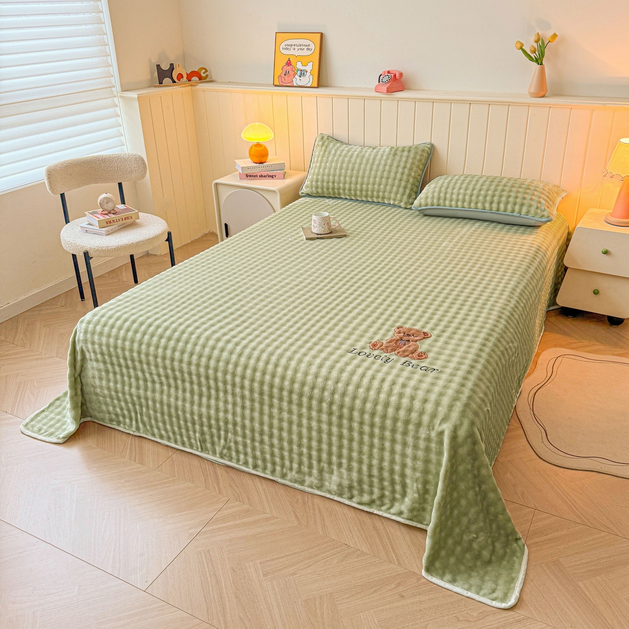 91家纺网 家纺一手货源 找家纺 爱思凯家纺 2025新款加厚泡泡绒纯色单品床单单件床单 松饼熊床单-绿