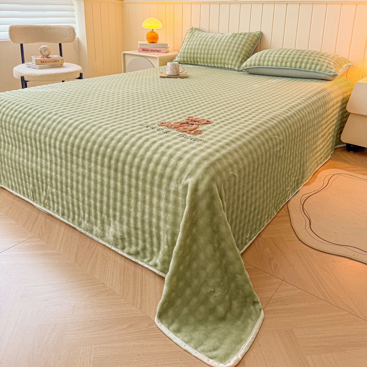 91家纺网 家纺一手货源 找家纺 爱思凯家纺 2025新款加厚泡泡绒纯色单品床单单件床单 松饼熊床单-绿