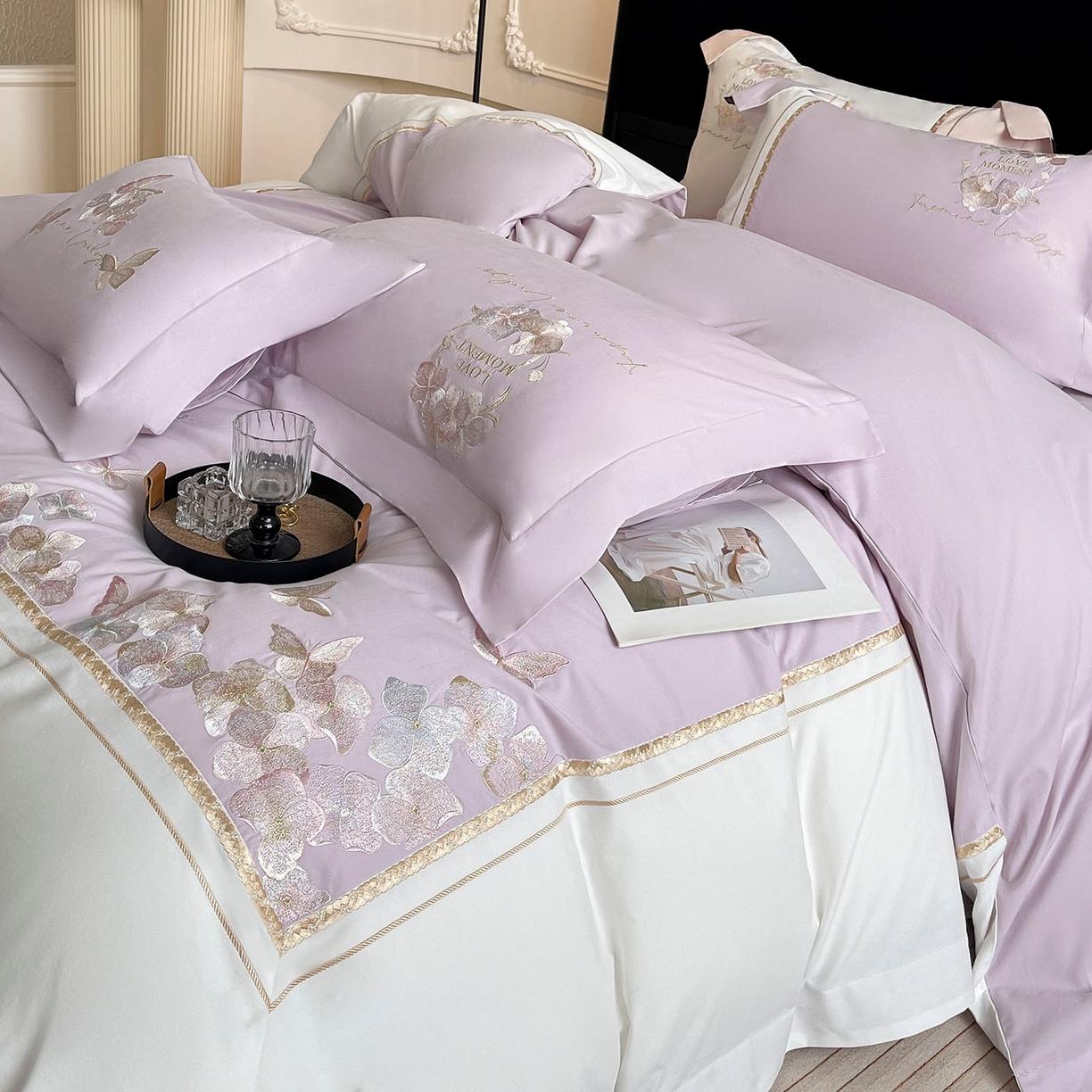 91家纺网 家纺一手货源 找家纺  2025秋冬新款轻奢高级感加厚保暖全棉纯棉磨毛重工刺绣四件套床上用品花间集 花间集-黛紫