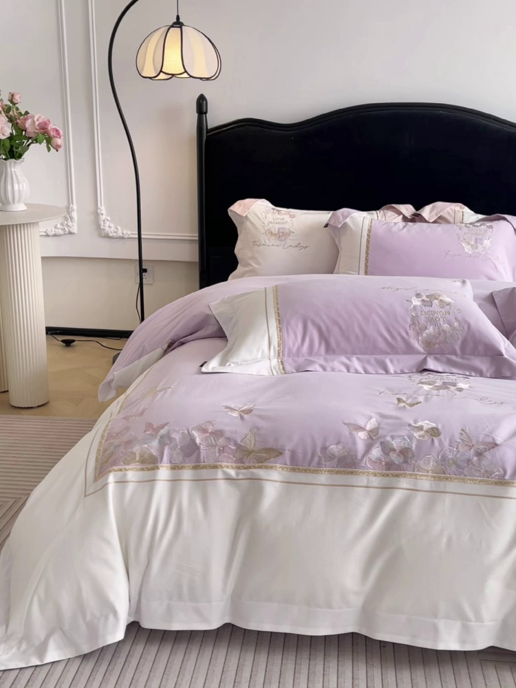 91家纺网 家纺一手货源 找家纺  2025秋冬新款轻奢高级感加厚保暖全棉纯棉磨毛重工刺绣四件套床上用品花间集 花间集-黛紫