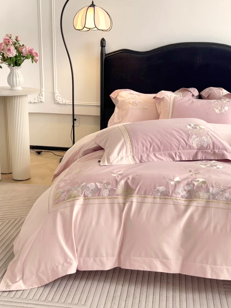 91家纺网 家纺一手货源 找家纺  2025秋冬新款轻奢高级感加厚保暖全棉纯棉磨毛重工刺绣四件套床上用品花间集 花间集-红桃