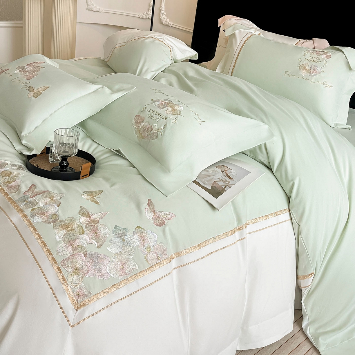  2025秋冬新款轻奢高级感加厚保暖全棉纯棉磨毛重工刺绣四件套床上用品花间集 花间集-清绿