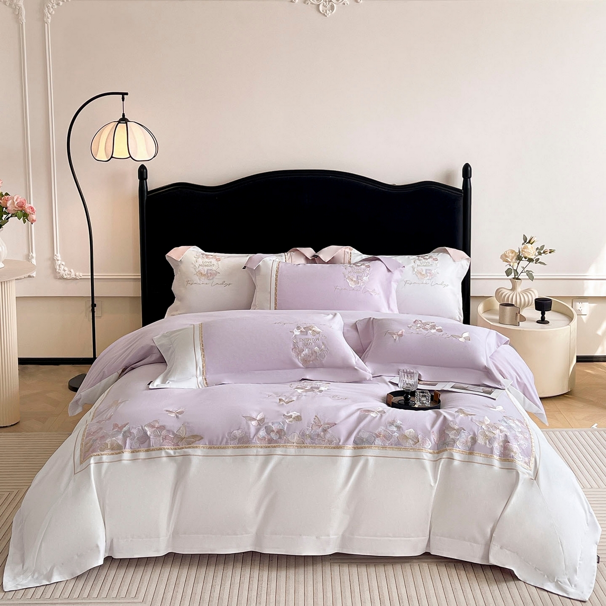 91家纺网 家纺一手货源 找家纺  2025秋冬新款轻奢高级感加厚保暖全棉纯棉磨毛重工刺绣四件套床上用品花间集 花间集-黛紫