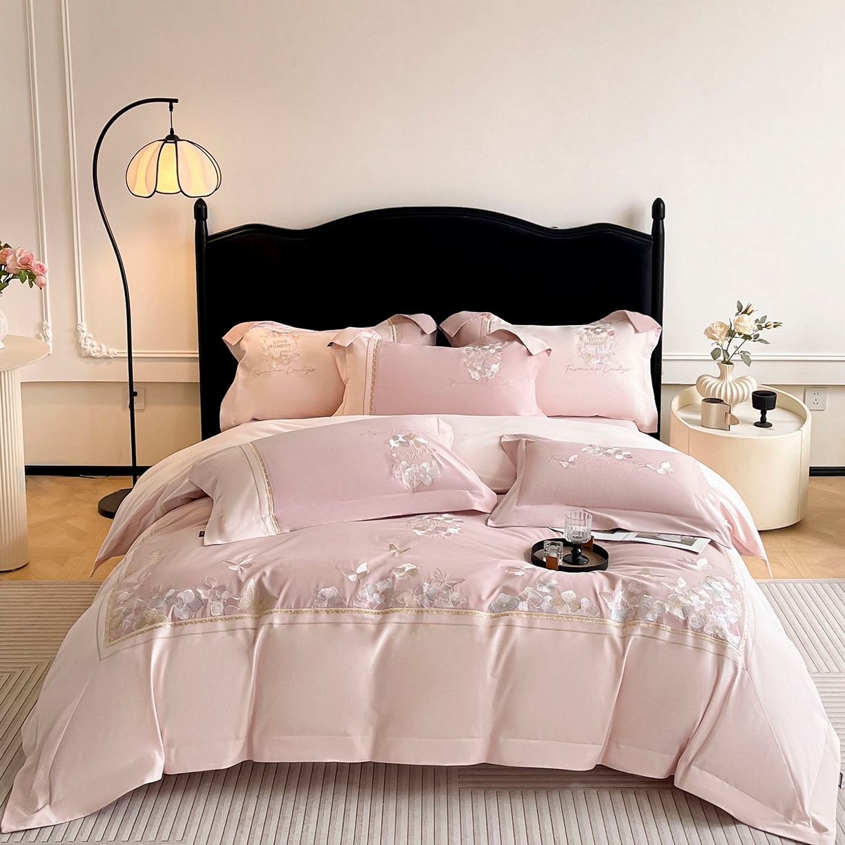 91家纺网 家纺一手货源 找家纺  2025秋冬新款轻奢高级感加厚保暖全棉纯棉磨毛重工刺绣四件套床上用品花间集 花间集-红桃