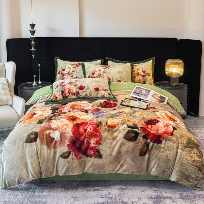 91家纺网 家纺一手货源 找家纺 诺梵家纺 2025新款暗合大版数码印花四件套秋野