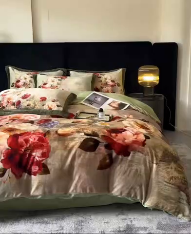 91家纺网 家纺一手货源 找家纺 诺梵家纺 2025新款暗合大版数码印花四件套秋野