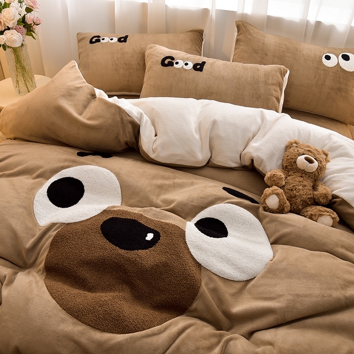 （总）炫拼家纺 2025新款大眼卡通大版毛巾绣加厚牛奶绒四件套