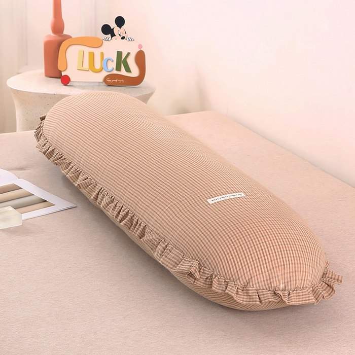 91家纺网 家纺一手货源 找家纺 金牛枕芯 2025新款全棉棉麻花边长抱枕枕头枕芯 格子咖