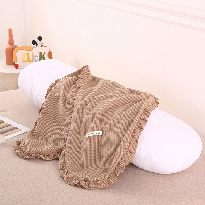 91家纺网 家纺一手货源 找家纺 金牛枕芯 2025新款全棉棉麻花边长抱枕枕头枕芯 格子咖