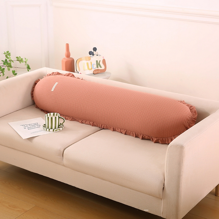 金牛枕芯 2025新款全棉棉麻花边长抱枕枕头枕芯 格子粉