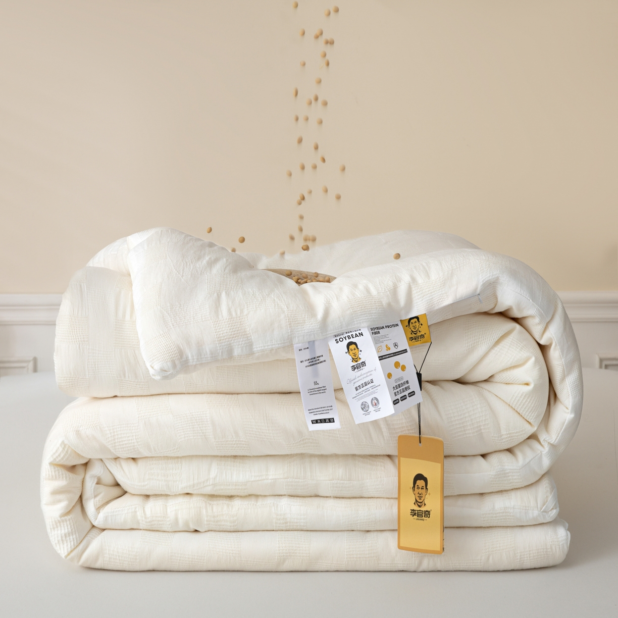 91家纺网 家纺一手货源 找家纺 （总）恒科家纺 2025新款100%全棉提花李官奇大豆纤维大豆被被子被芯,本白米尚纹,本白云华格