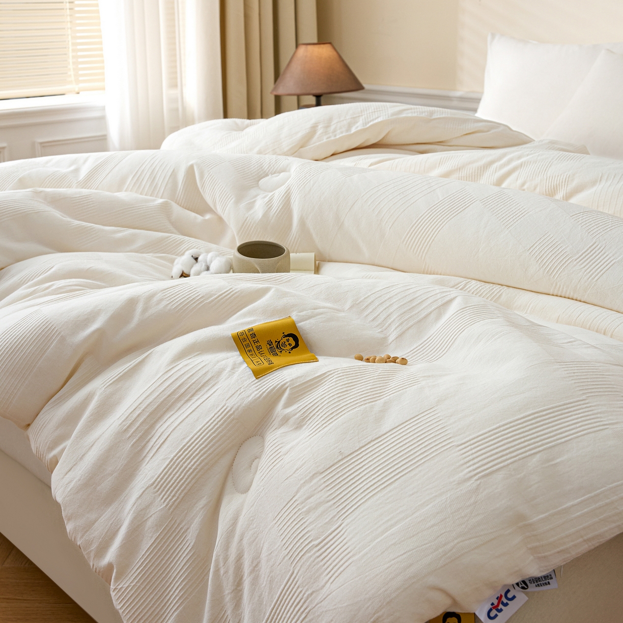 91家纺网 家纺一手货源 找家纺 恒科家纺 2025新款100%全棉提花李官奇大豆纤维大豆被被子被芯 本白米尚纹