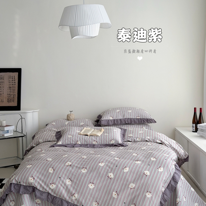 91家纺网 家纺一手货源 找家纺 佰织鑫家居 2025新款全棉法式砂洗棉花床盖款被套四件套泰迪紫