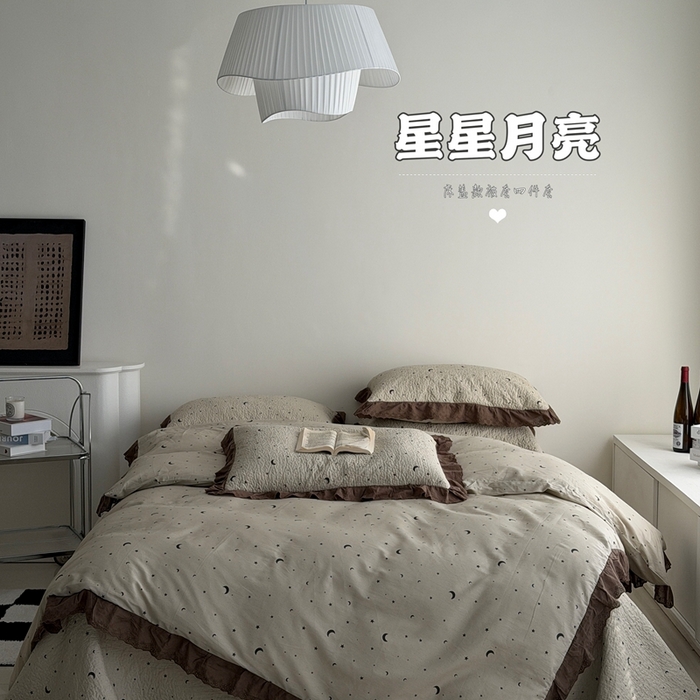 91家纺网 家纺一手货源 找家纺 佰织鑫家居 2025新款全棉法式砂洗棉花床盖款被套四件套星星月亮