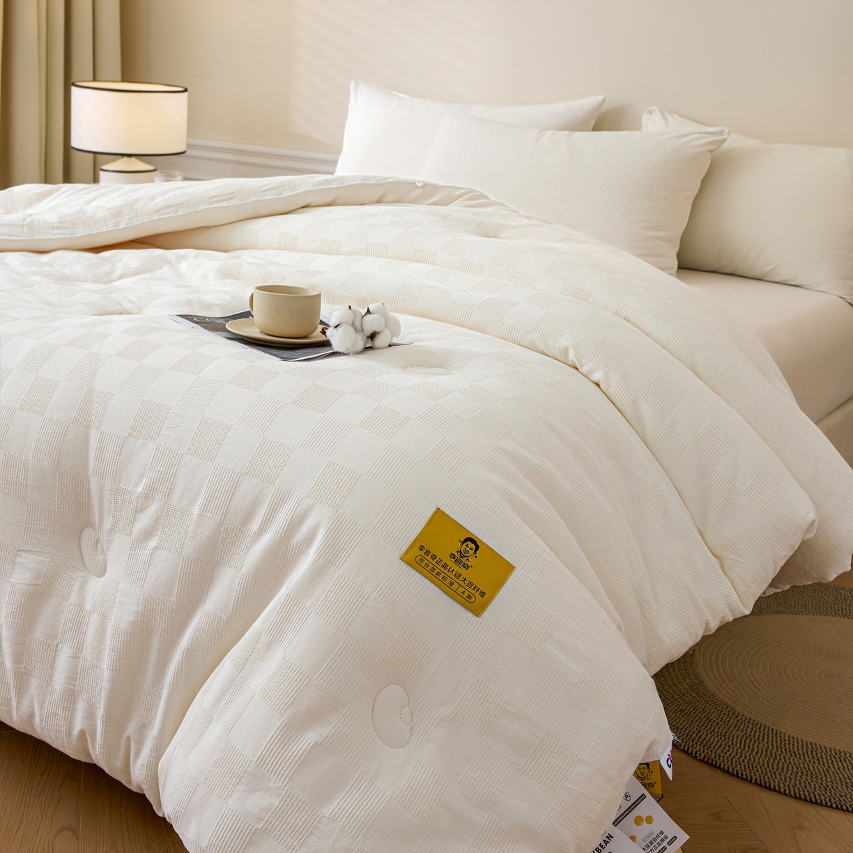 91家纺网 家纺一手货源 找家纺 恒科家纺 2025新款100%全棉提花李官奇大豆纤维大豆被被子被芯 本白云华格