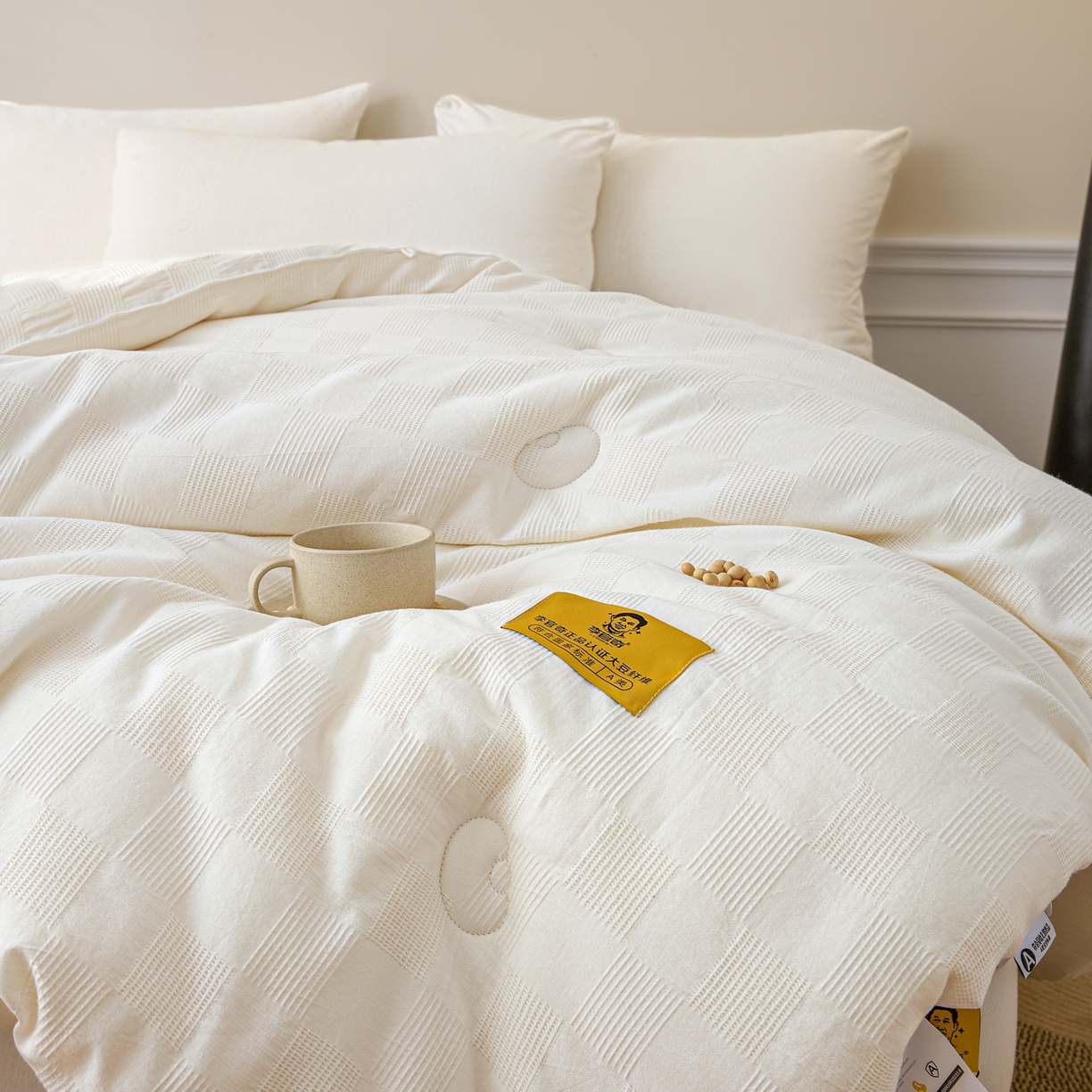 91家纺网 家纺一手货源 找家纺 恒科家纺 2025新款100%全棉提花李官奇大豆纤维大豆被被子被芯 本白云华格