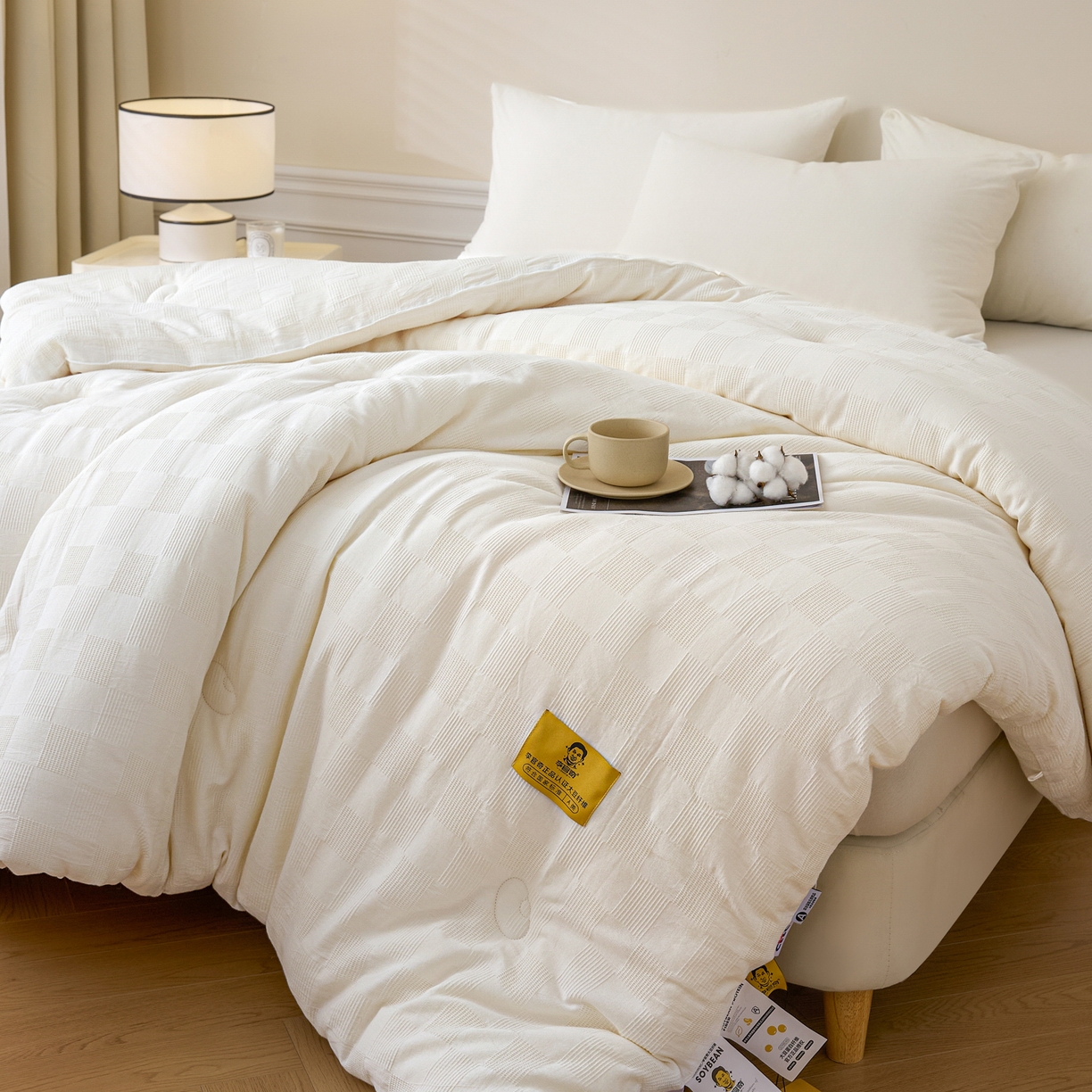 91家纺网 家纺一手货源 找家纺 恒科家纺 2025新款100%全棉提花李官奇大豆纤维大豆被被子被芯 本白云华格