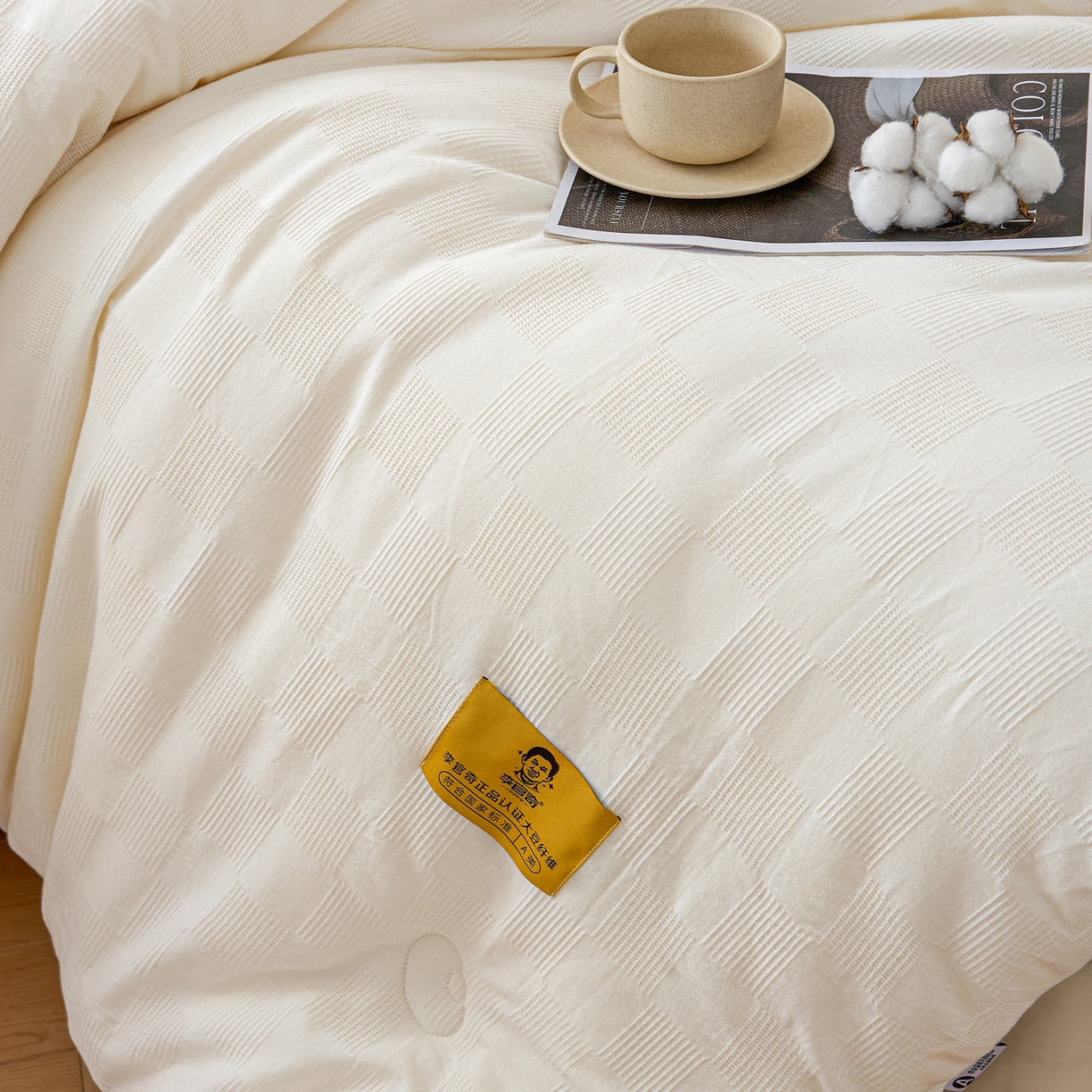 91家纺网 家纺一手货源 找家纺 恒科家纺 2025新款100%全棉提花李官奇大豆纤维大豆被被子被芯 本白云华格