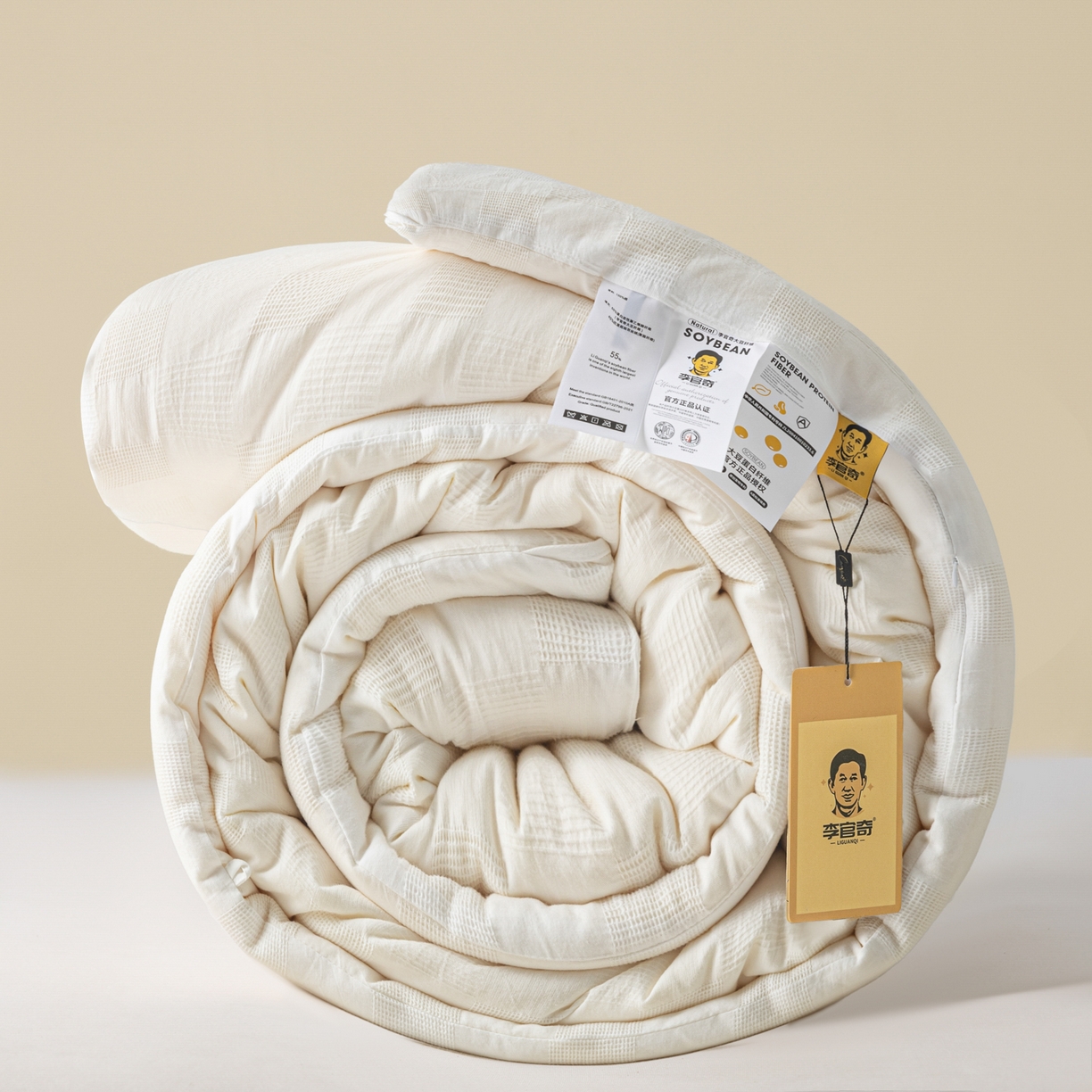 91家纺网 家纺一手货源 找家纺 恒科家纺 2025新款100%全棉提花李官奇大豆纤维大豆被被子被芯 本白云华格