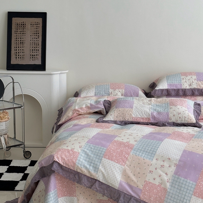 91家纺网 家纺一手货源 找家纺 佰织鑫家居 2025新款全棉法式砂洗棉花床盖款被套四件套佰福格