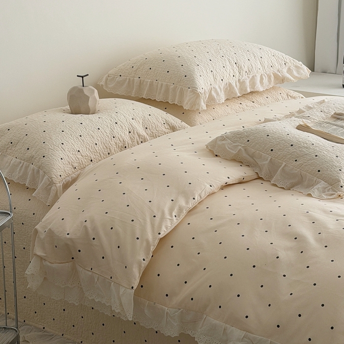 91家纺网 家纺一手货源 找家纺 佰织鑫家居 2025新款全棉法式砂洗棉花床盖款被套四件套波点