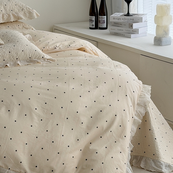 91家纺网 家纺一手货源 找家纺 佰织鑫家居 2025新款全棉法式砂洗棉花床盖款被套四件套波点