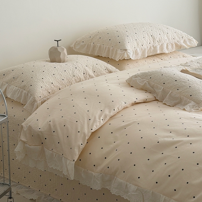 91家纺网 家纺一手货源 找家纺 佰织鑫家居 2025新款全棉法式砂洗棉花床盖款被套四件套波点