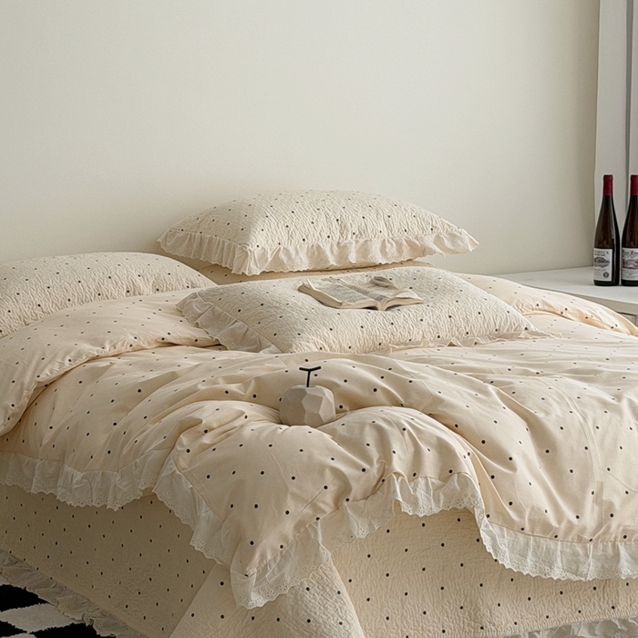 91家纺网 家纺一手货源 找家纺 佰织鑫家居 2025新款全棉法式砂洗棉花床盖款被套四件套波点