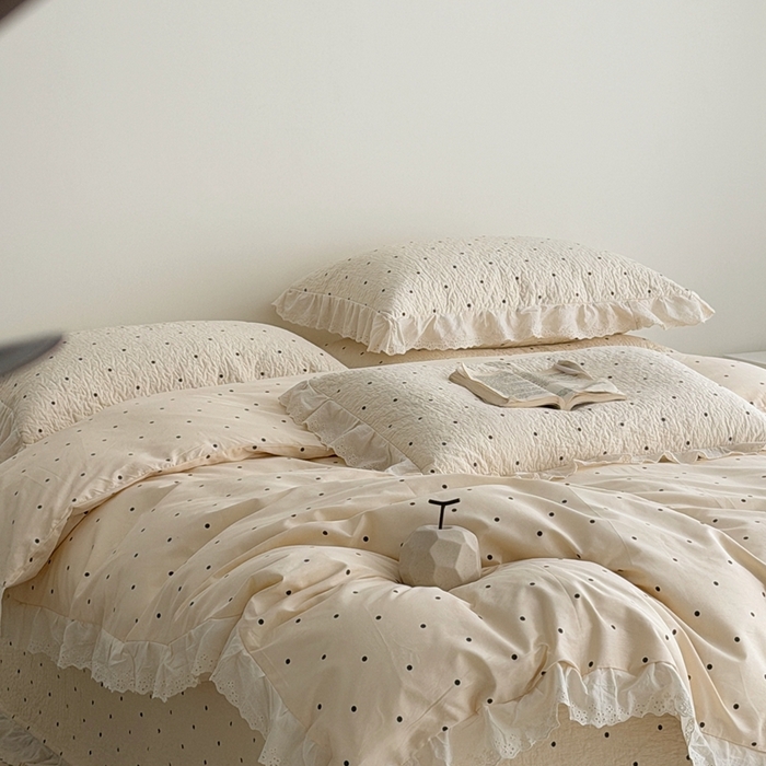 91家纺网 家纺一手货源 找家纺 佰织鑫家居 2025新款全棉法式砂洗棉花床盖款被套四件套波点