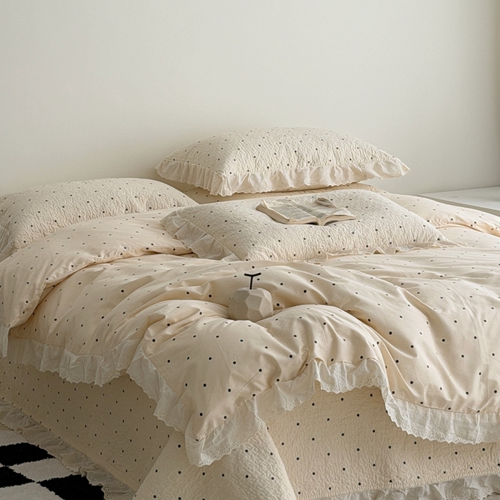 91家纺网 家纺一手货源 找家纺 佰织鑫家居 2025新款全棉法式砂洗棉花床盖款被套四件套波点