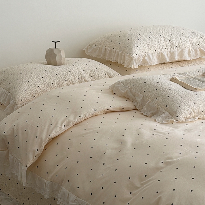 91家纺网 家纺一手货源 找家纺 佰织鑫家居 2025新款全棉法式砂洗棉花床盖款被套四件套波点
