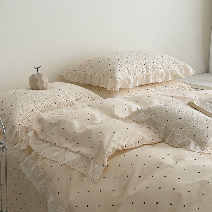 91家纺网 家纺一手货源 找家纺 佰织鑫家居 2025新款全棉法式砂洗棉花床盖款被套四件套波点