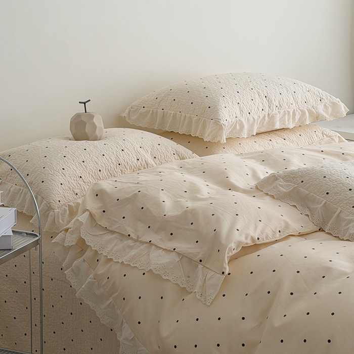 91家纺网 家纺一手货源 找家纺 佰织鑫家居 2025新款全棉法式砂洗棉花床盖款被套四件套波点