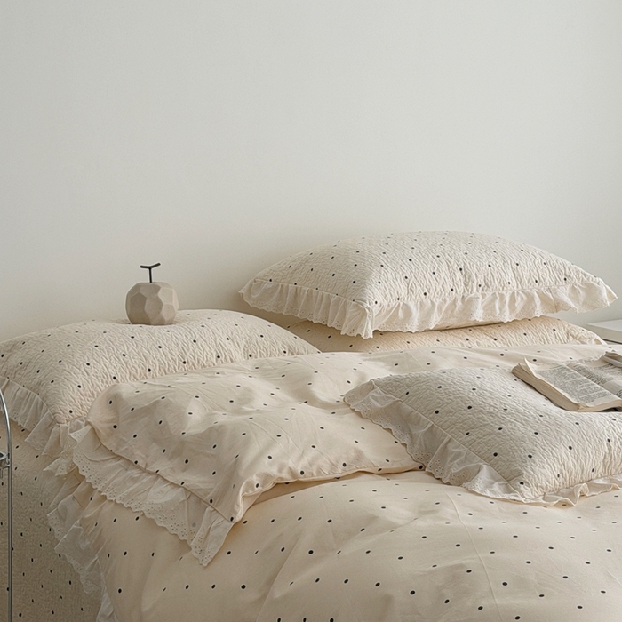 91家纺网 家纺一手货源 找家纺 佰织鑫家居 2025新款全棉法式砂洗棉花床盖款被套四件套波点