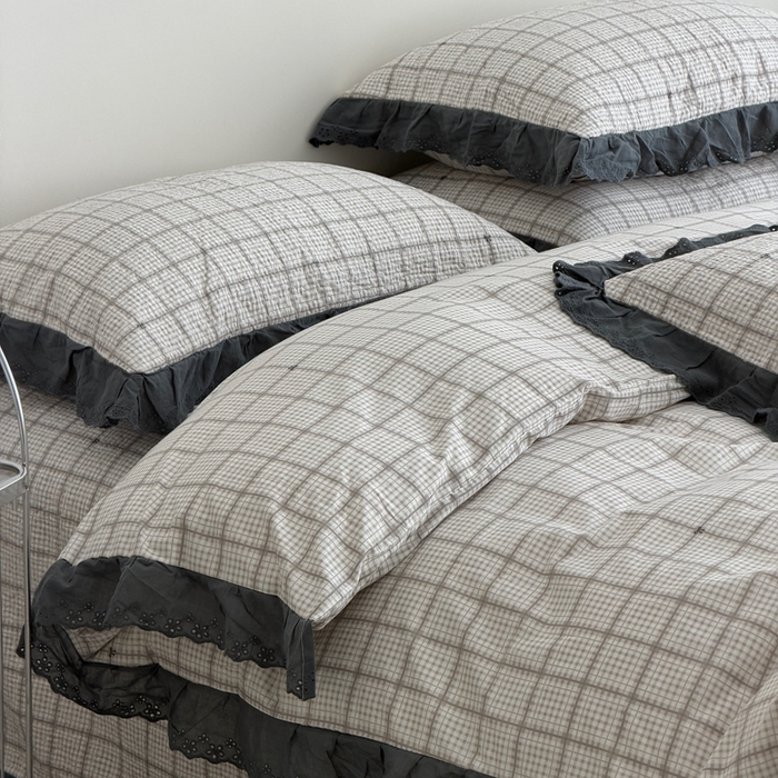 91家纺网 家纺一手货源 找家纺 佰织鑫家居 2025新款全棉法式砂洗棉花床盖款被套四件套蓝格