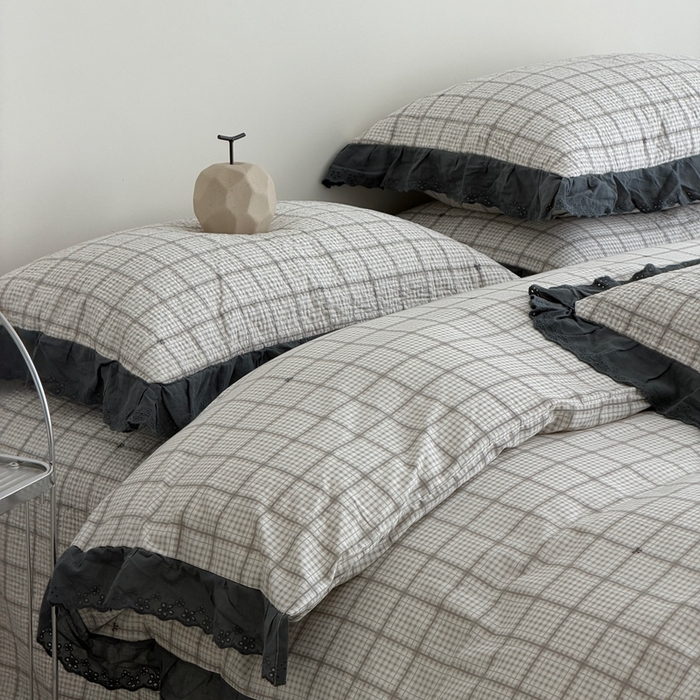 91家纺网 家纺一手货源 找家纺 佰织鑫家居 2025新款全棉法式砂洗棉花床盖款被套四件套蓝格