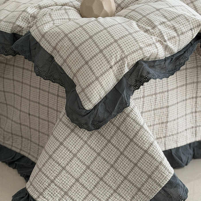 91家纺网 家纺一手货源 找家纺 佰织鑫家居 2025新款全棉法式砂洗棉花床盖款被套四件套蓝格