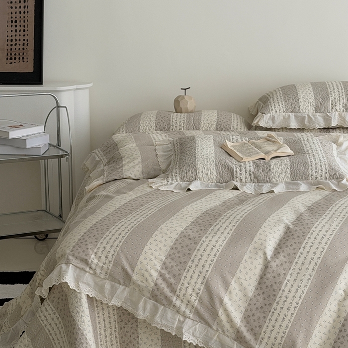 91家纺网 家纺一手货源 找家纺 佰织鑫家居 2025新款全棉法式砂洗棉花床盖款被套四件套思念