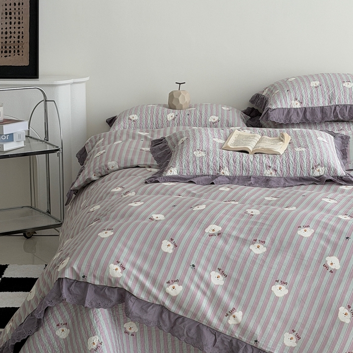 91家纺网 家纺一手货源 找家纺 佰织鑫家居 2025新款全棉法式砂洗棉花床盖款被套四件套泰迪紫