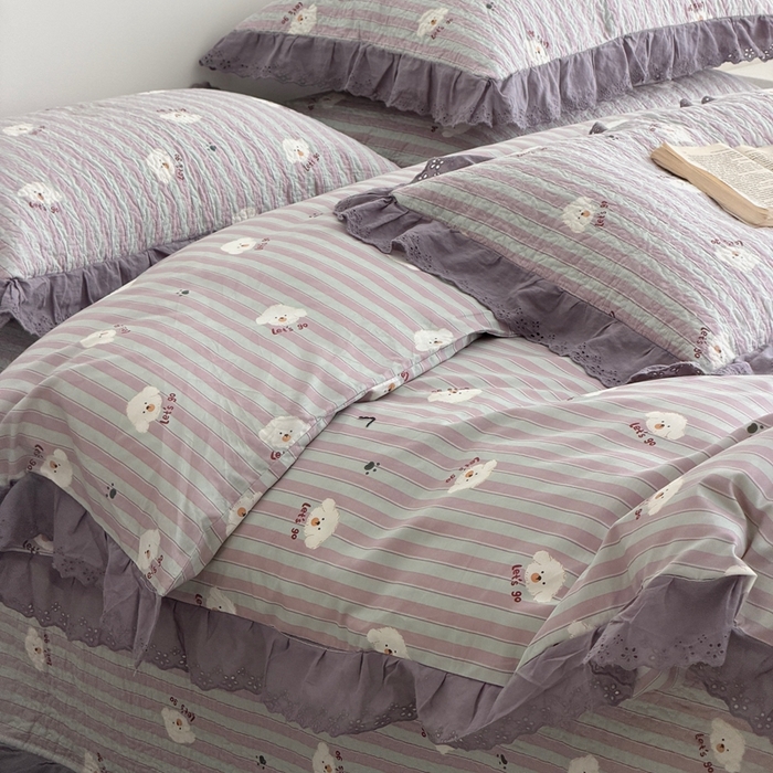 91家纺网 家纺一手货源 找家纺 佰织鑫家居 2025新款全棉法式砂洗棉花床盖款被套四件套泰迪紫