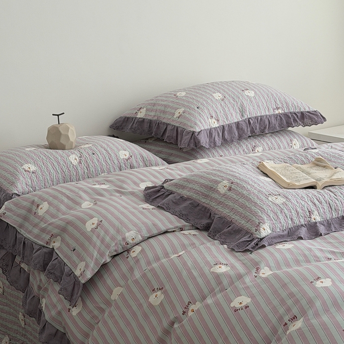 91家纺网 家纺一手货源 找家纺 佰织鑫家居 2025新款全棉法式砂洗棉花床盖款被套四件套泰迪紫