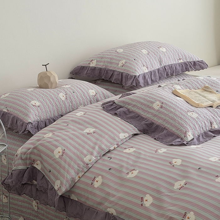 91家纺网 家纺一手货源 找家纺 佰织鑫家居 2025新款全棉法式砂洗棉花床盖款被套四件套泰迪紫