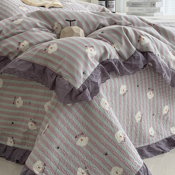 91家纺网 家纺一手货源 找家纺 佰织鑫家居 2025新款全棉法式砂洗棉花床盖款被套四件套泰迪紫