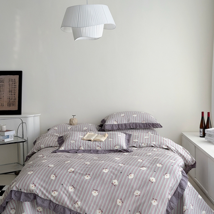 佰织鑫家居 2025新款全棉法式砂洗棉花床盖款被套四件套泰迪紫