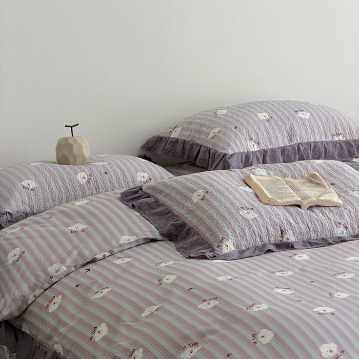 91家纺网 家纺一手货源 找家纺 佰织鑫家居 2025新款全棉法式砂洗棉花床盖款被套四件套泰迪紫