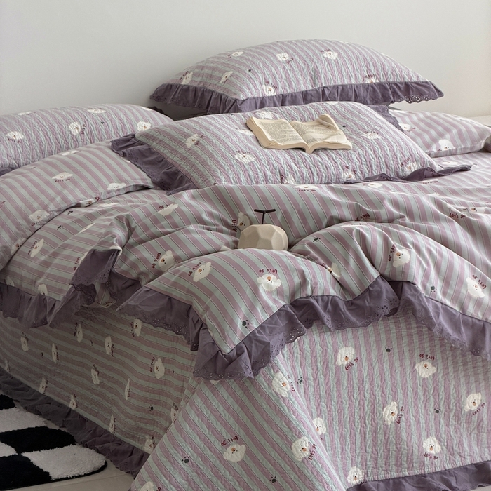 91家纺网 家纺一手货源 找家纺 佰织鑫家居 2025新款全棉法式砂洗棉花床盖款被套四件套泰迪紫