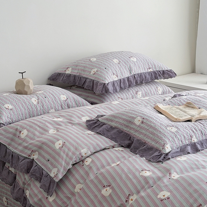 91家纺网 家纺一手货源 找家纺 佰织鑫家居 2025新款全棉法式砂洗棉花床盖款被套四件套泰迪紫