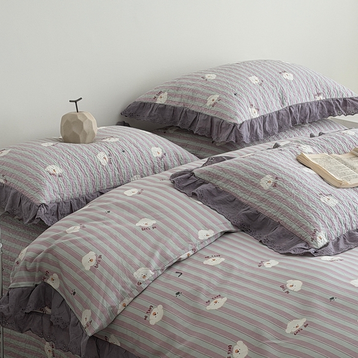 91家纺网 家纺一手货源 找家纺 佰织鑫家居 2025新款全棉法式砂洗棉花床盖款被套四件套泰迪紫