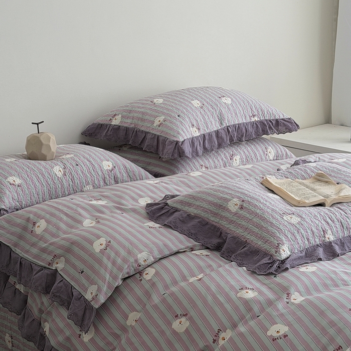 91家纺网 家纺一手货源 找家纺 佰织鑫家居 2025新款全棉法式砂洗棉花床盖款被套四件套泰迪紫
